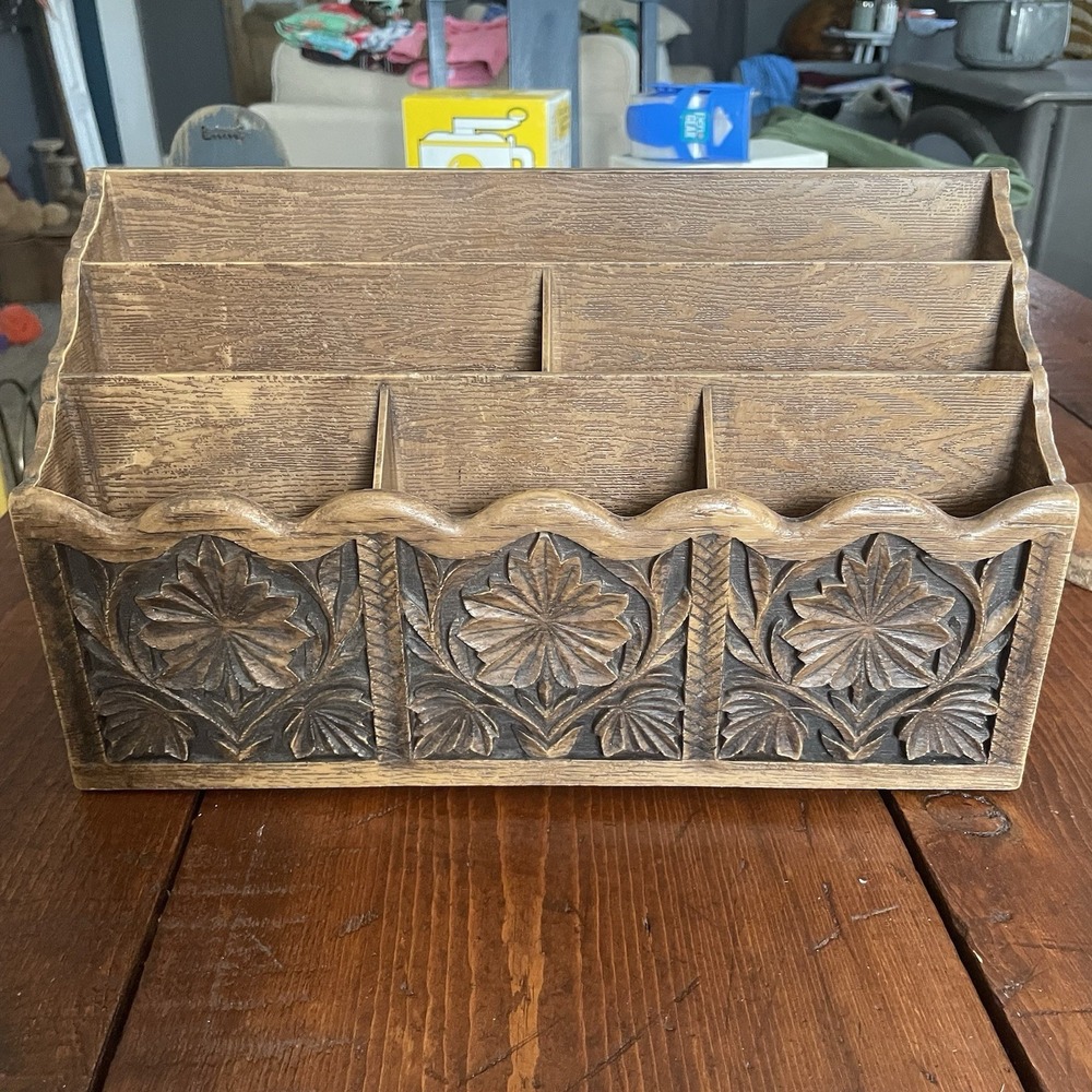 Vintage Lerner Floral Carved Faux Wood Letter Holder Mail Organizer Storage Desk